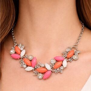 Floral Statement Collar Necklace Pink Orange Marquise Rhinestone Silver Tone